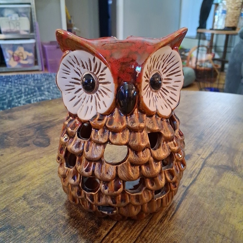 Luminary Ceramic Owl Candle Holder Burner Brown Red White 7"tx5.5"wx4"d